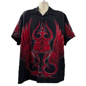 Dragonfly Mens Vintage Rockabilly Black Red Flames Wings Button Up Shirt Large